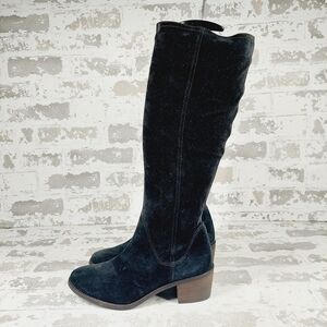 New Paul Green Black Suede Block Heel Zip Up Knee High Boots D153